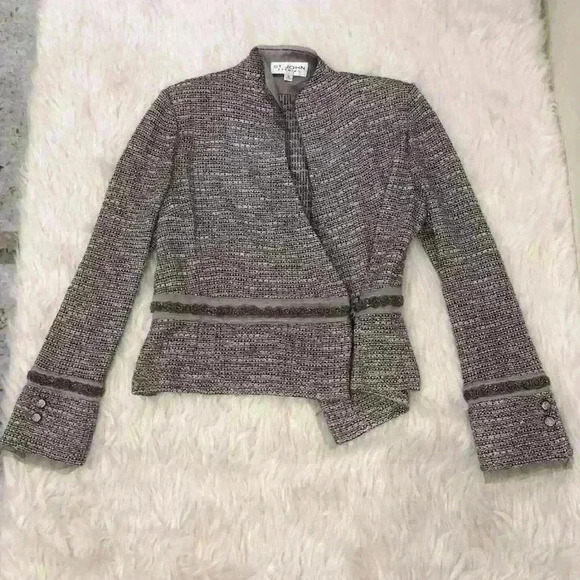 VTG St. John Metallic Tweed Silver Purple Beaded Rhinestone Lace Blazer - Picture 10 of 12